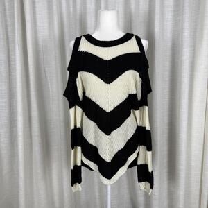 Madberry Pullover Sweater Womens Large Black White Stripe Cold Shoulder Chevron